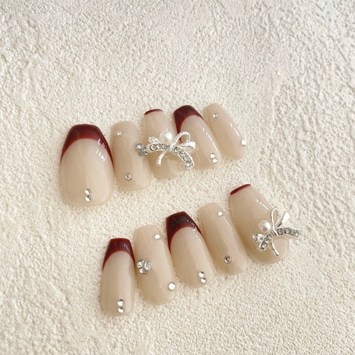 ネイルチップ フレンチネイル 赤 リボン ワンホンネイル 韓国