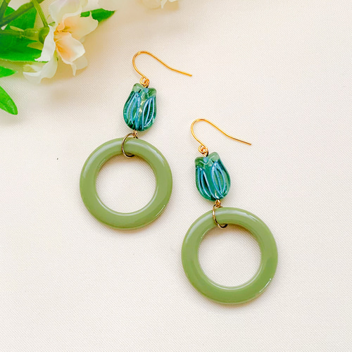 グリーン*くすみカラー*お花*リング* ピアス イヤリング ピアス 