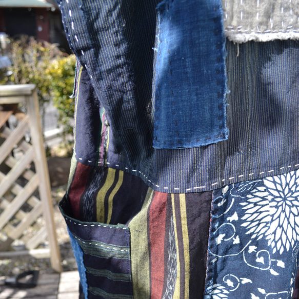 藍　縞木綿　布団側　型染　フレンチスリーブ　ベスト　Ｊ-93 12枚目の画像