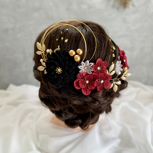 ブラック×ボルドー つまみ細工 髪飾りセット ≪成人式 卒業式 七五三