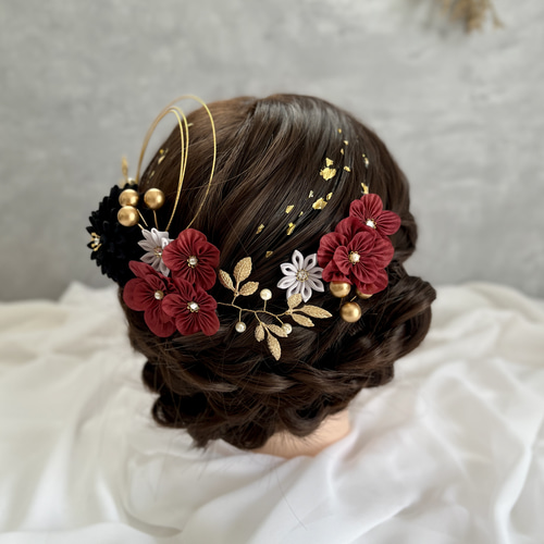 つまみ細工　髪飾り　ボルドー ブラック×ボルドー つまみ細工 髪飾りセット ≪成人式 卒業式 七五三