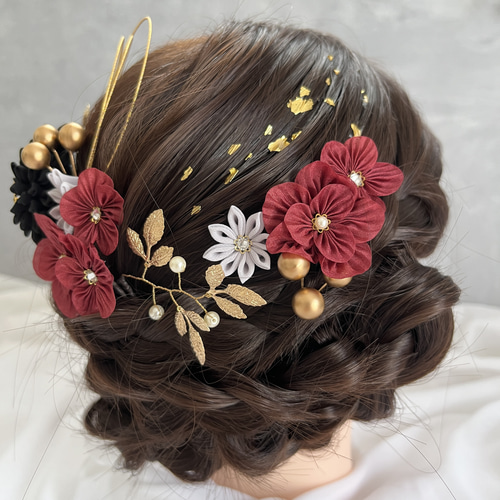 つまみ細工　髪飾り　ボルドー ブラック×ボルドー つまみ細工 髪飾りセット ≪成人式 卒業式 七五三