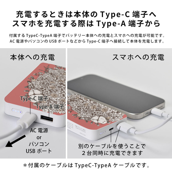 モバイルバッテリー かわいい 充電器 iPhone Android カーネーション 花 母の日 シマエナガ 鳥＊名入れ可 4枚目の画像