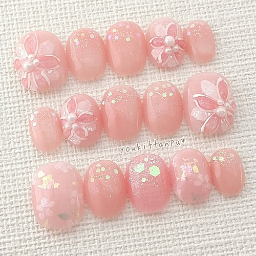 ネイルチップ ぷっくりピンクフラワー 15枚セット＊ブライダルネイル  