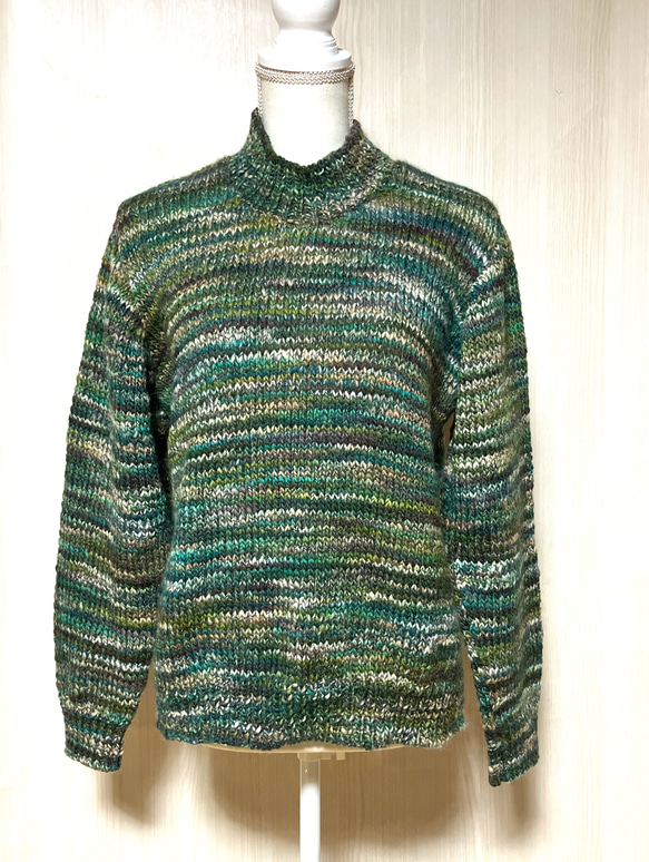 ウールミックス糸　プルオーバー　セーター　グリーンミックス 1枚目の画像