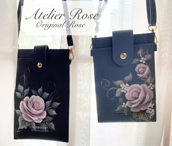トートバック　スマホポシェット　薔薇　手描き　トールペイント トートバック スマホポシェット 薔薇 手描き トールペイント