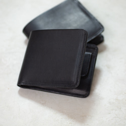 二つ折りウォレット 2Fold Wallet ブラック イタリアンレザー コンパクト財布 見た目より大容量 新生活 1枚目の画像