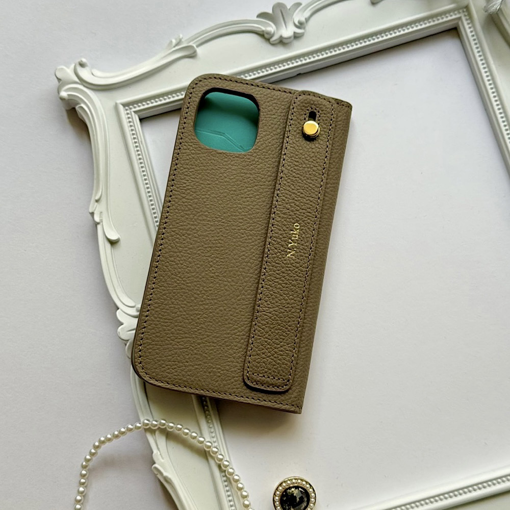 手帳型スマホケース　バイカラーレザー　名入れ無料　　イニシャルが入れられる　IPHONEケース