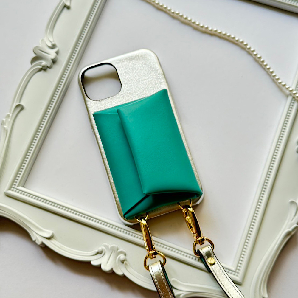 #6 名入れ可｜本革iPhoneショルダーケース（背面収納　スマホショルダー）Silver+Blue