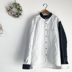 期間限定SALE！（Hjärta）綿麻バフクロス バンドカラー スクエアカットシャツ 遠州織物 1枚目の画像