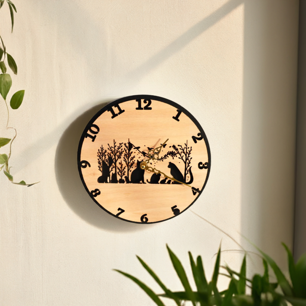 月夜の景色　猫の集まる木製掛け時計