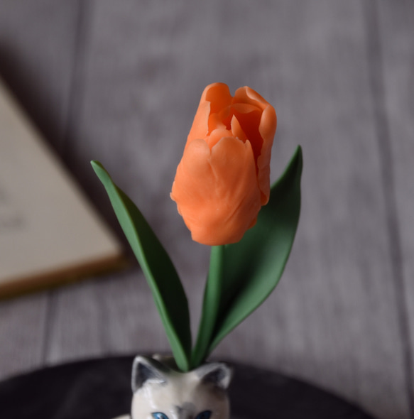 ◆粘土のお花◆　チューリップ　アニマルベース　ネコ　T946 5枚目の画像