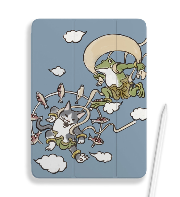 手帳型iPadケース　風神雷神（ブルーグレー） 1枚目の画像