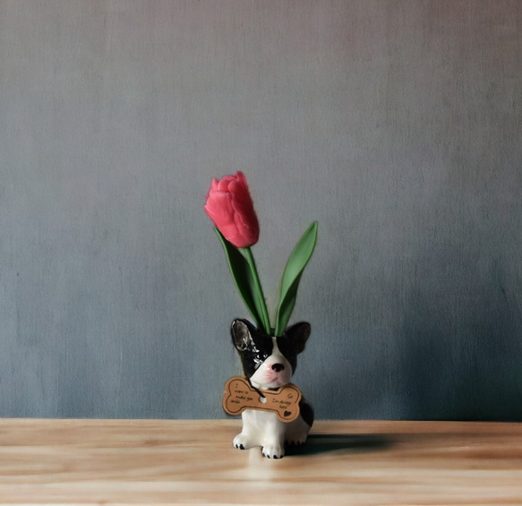 ◆粘土のお花◆　チューリップ　アニマルベース　フレンチブルドッグ　 T942 1枚目の画像