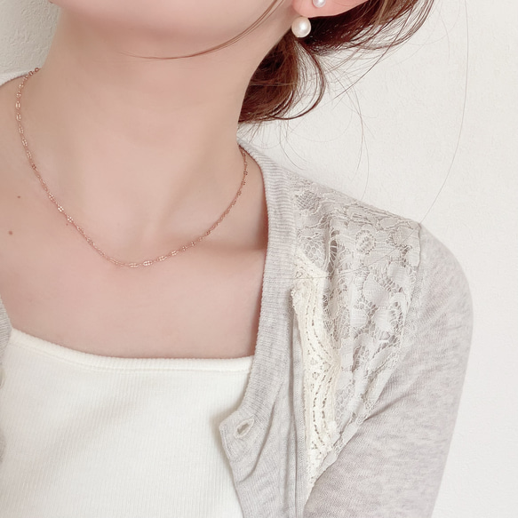 ピンクゴールドペタルチェーンネックレス/桜色　春　つけっぱなしOK サージカルステンレス　重ね付け　シンプル　さくら 8枚目の画像