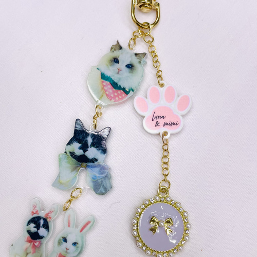 プリン　キーホルダーセット 猫ちゃんオシャレ3連キーホルダー オリジナルキーホルダー 両面