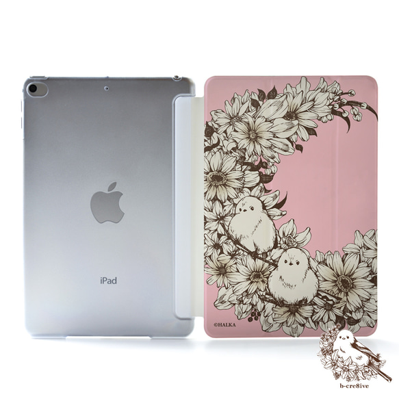 鳥と花のiPad ケース シマエナガ 名入れ iPadmini iPadpro iPadAir ピンク かわいい 1枚目の画像