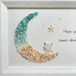 シーグラス　月と猫　三日月　ムーン　シーグラスアート　ガラス　星の砂　貝殻　インテリア雑貨　置物 3枚目の画像