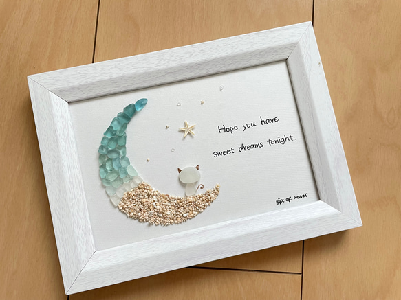 シーグラス　月と猫　三日月　ムーン　シーグラスアート　ガラス　星の砂　貝殻　インテリア雑貨　置物 1枚目の画像
