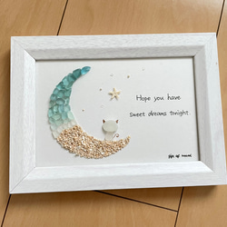 シーグラス　月と猫　三日月　ムーン　シーグラスアート　ガラス　星の砂　貝殻　インテリア雑貨　置物 2枚目の画像