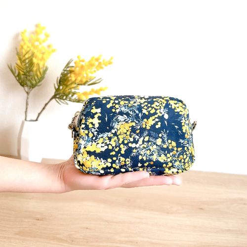 ミモザ柄ローン生地のミニバッグポーチ【選べる3カラー】ポシェット