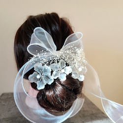アメリカンフラワー クリアホワイト チュールリボン かすみ草 ヘアピン
