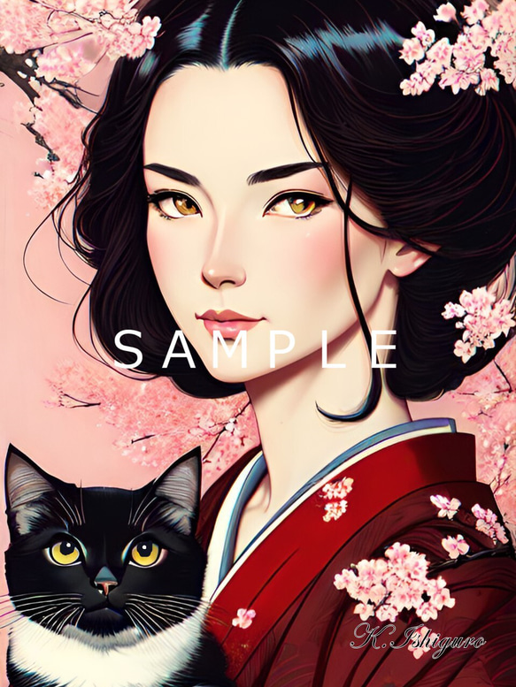 猫と女性と桜(オリジナルイラスト)A4額付き　№s-3638 1枚目の画像