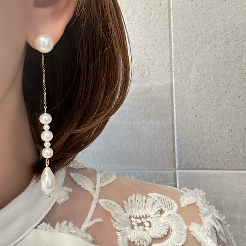 Saki　Blanc バロックパール ロングチェーン ピアス バリエーション ロング パール ピアス イヤリング ピアス