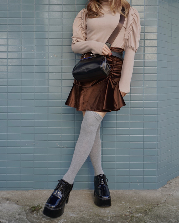 Shirring Point Velvet Mini Skirt（brown) ミニスカート ブラウン 茶色 ガーリー 5枚目の画像