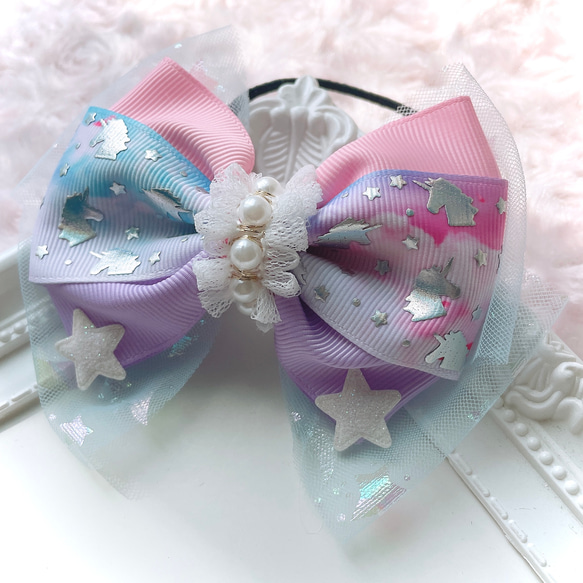 オーガンジーリボンヘアゴム 星のユニコーン オーガンジーリボン