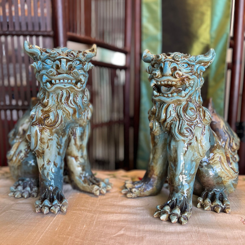 陶器製 獅子像 2体セットシーサー