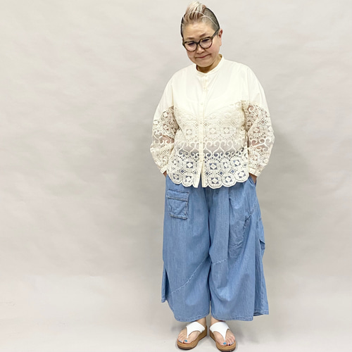 SALE 春 夏 異素材切り替え レース 刺繍 シャツ レディース