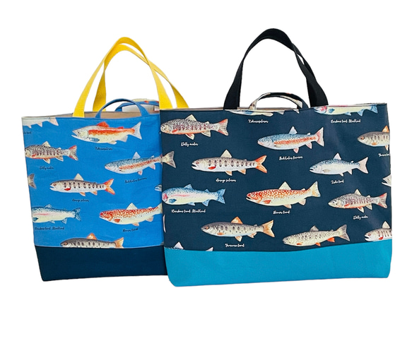 大きめサイズ　淡水魚レッスンバック　ブルー/11号帆布ネイビー切替　35×45 ループからバッグ底35cm対応 13枚目の画像