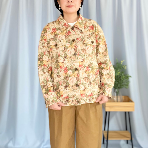 受注製作》花柄 コットンリネン ブルゾン 綿麻 ジャケット 春アウター