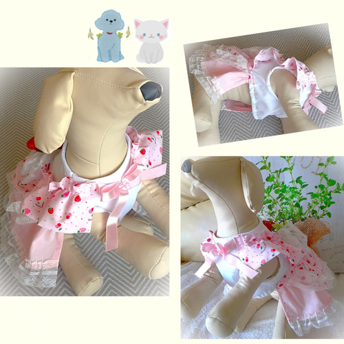 犬服ワンピース いちごのエプロンワンピース／いちご飾り付き