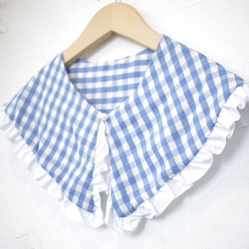 送料無料）ブルーチェックのガーリーつけ襟【No.1070】(ブルー) その他