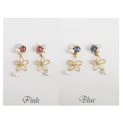 【再販】【２色】Bijou & Wire Flower イヤリング ピアス ビジュー スワロフスキー フラワー パール 6枚目の画像