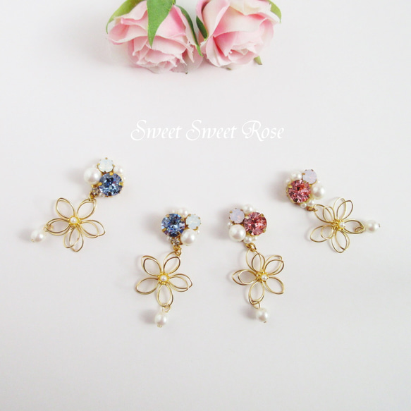 再販】【2色】Bijou & Wire Flower イヤリング ピアス ビジュー 