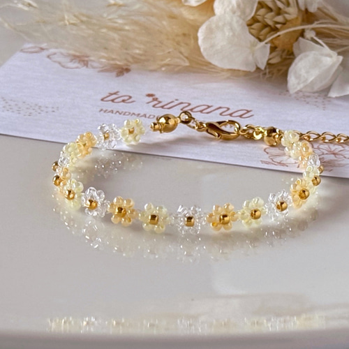 レモン×オレンジ×クリア お花のビーズブレスレット❁⃘*.ﾟ