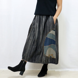 草木染め、手描パッチワーク刺繡入りコットンバルーンスカート