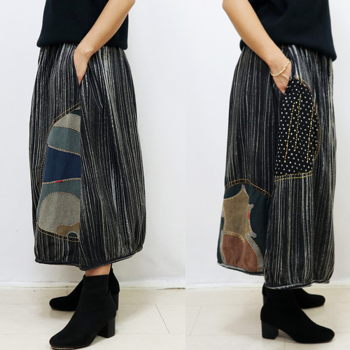 草木染め、手描パッチワーク刺繡入りコットンバルーンスカート