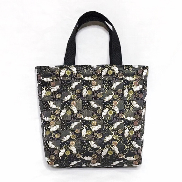 金襴布トートバッグ 猫（黒） 和柄バッグ 源氏物語 和装に最適 西陣織  