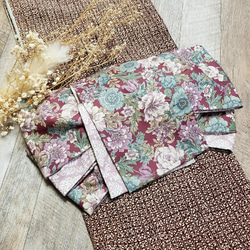 【半幅帯】和風花に黒ラッセルレース / 着物 和装 花 レース 黒 青 半幅帯】和風花に黒ラッセルレース / 着物 和装 花 レース 黒 青