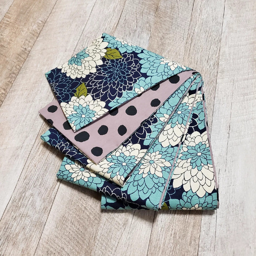 ＊和のこころ＊ リバ半幅帯　花ぐるま（藍色）×市松（藍あさぎ）　ハンドメイド 半幅帯】和ダリア藍色に小豆色みずたま/青 水色 紺色 紫 黒 水玉 着物