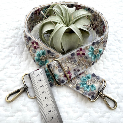 インド刺繍リボン　ショルダー インド刺繍リボンのショルダー紐/幅3cm/ブルーグレー ネック