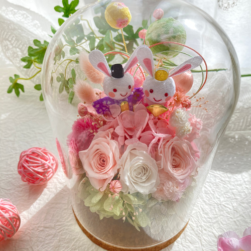 ハンドメイド❣️うさぎちゃんとティファニーブルー❣️薔薇、ジニアプリザーブドフラワー ハンドメイド❣️うさぎちゃんとティファニーブルー❣️薔薇