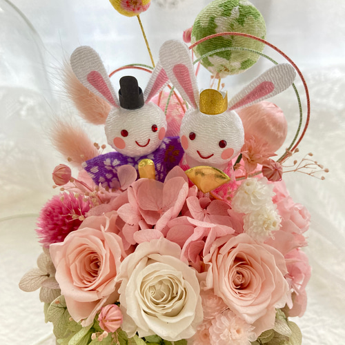 桜姫❣️結婚式、和装が可愛いうさぎちゃん❣️フラワーアレンジ゜・*:.。❁ プリザーブドフラワーひな祭りアレンジ かわいいうさぎピック 結婚出産