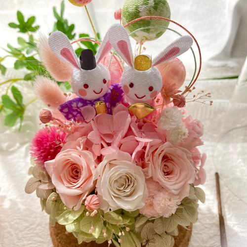 プリザーブドフラワーひな祭りアレンジ かわいいうさぎピック