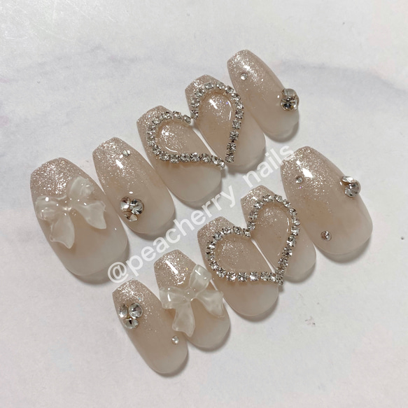 ネイルチップ 韓国 リボン グラデーション ガーリー チーク ビジュー  