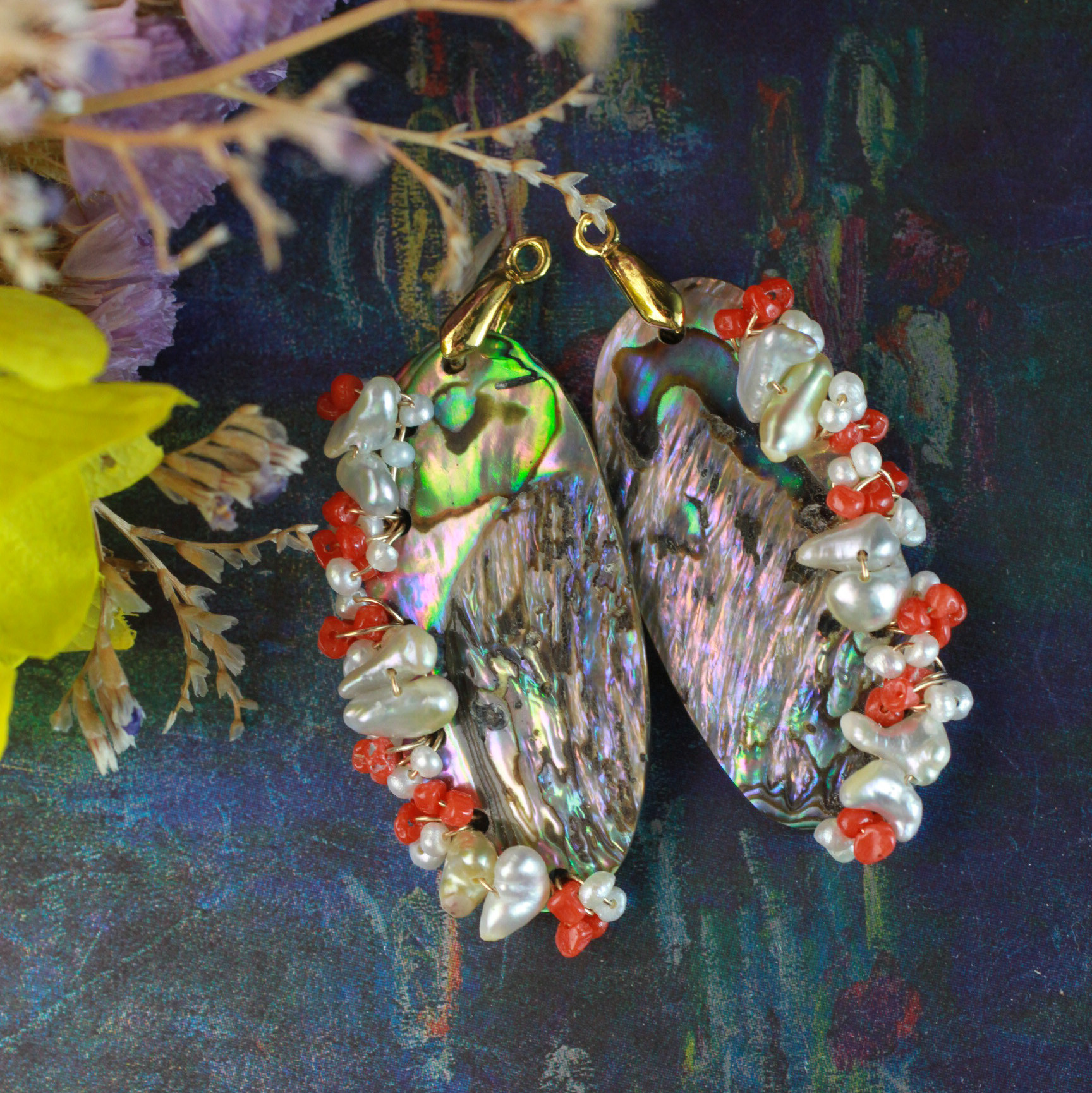 【1個限定】アバロンシェル あこや真珠と珊瑚 編み込み 耳飾り